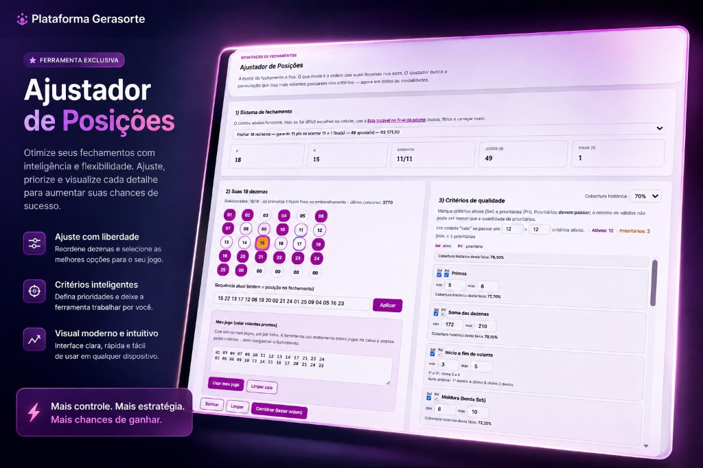 Interface do Ajustador de Posições no GeraSorte: sistema de fechamento, dezenas e critérios de qualidade