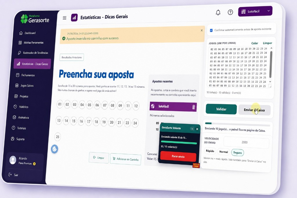 Extensão de Jogos GeraSorte: Enviar à Caixa no Loterias Online, velocidade do envio e painel GeraSorte Volante
