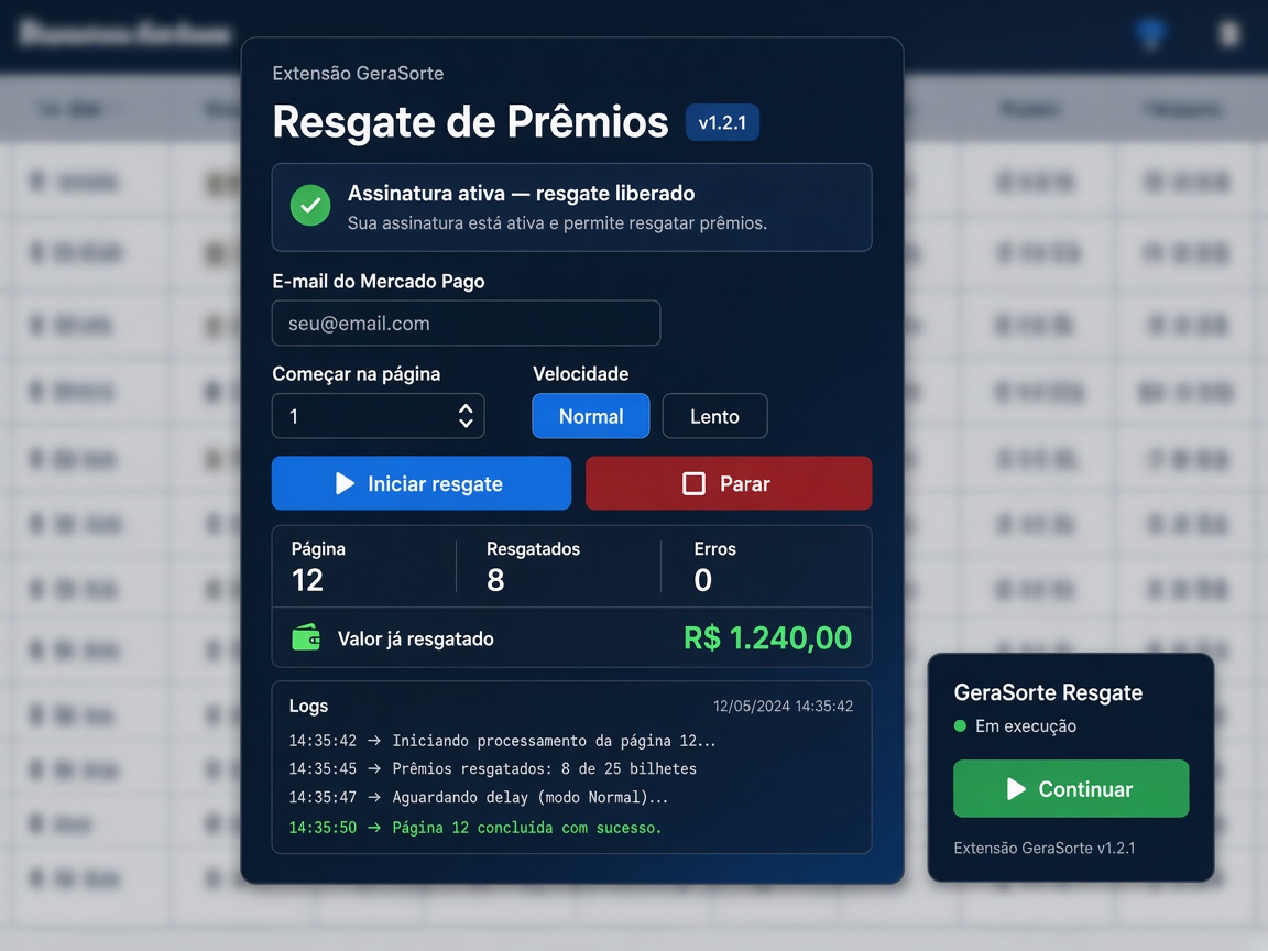 Extensão Resgate de Prêmios GeraSorte: painel no Chrome com e-mail do Mercado Pago, parar, continuar e valor resgatado