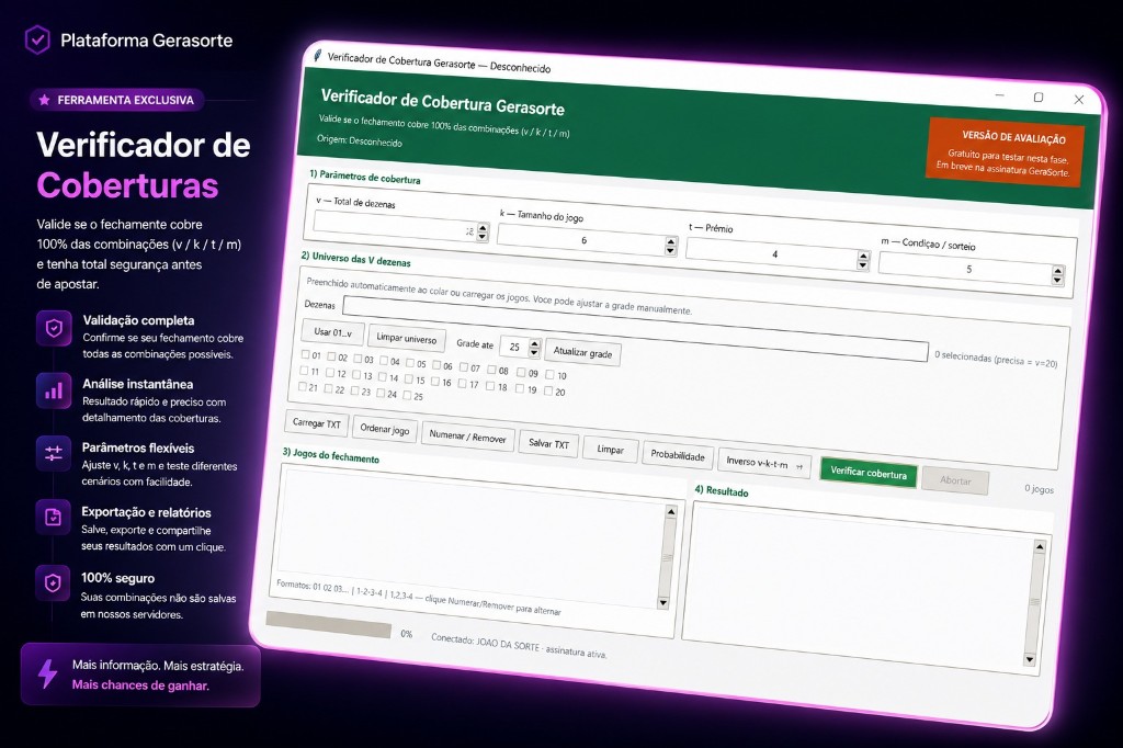 Verificador de Cobertura GeraSorte: parâmetros v k t m, universo de dezenas, verificação e relatório